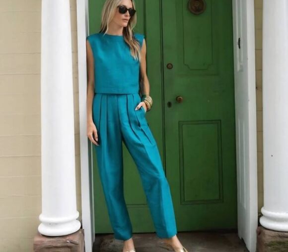 No Brand Other - Julia Amory Slim Top Dupioni Top& Deco Jade Teal Pants sz XS